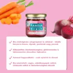 Histafood Bio zöldségkrém üveg sárgarépával és céklával, alatta négy pipás felsorolás: felhasználás, hisztamin-/glutén-/laktózmentes étrend, azonnal fogyasztható, bio és vegán, Németországban készült.