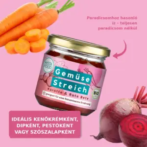 Histafood Bio zöldségkrém (sárgarépa és cékla) üveg rózsaszín háttéren, sárgarépával és céklával, „Paradicsomhoz hasonló íz – teljesen paradicsom nélkül" felirattal, alul: „Ideális kenőkrémként, dipként, pestóként vagy szószalapként".