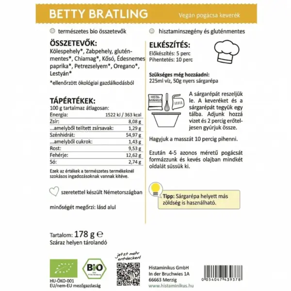 Histaminikus _Betty Bratling_ fasírtpor címke Histaminikus Betty Bratling fasírtpor címke