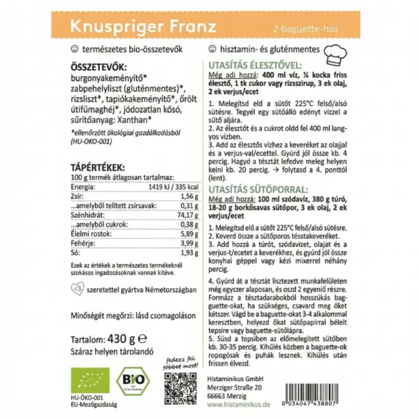 Histaminikus bio Knuspriger Franz baguette címke Histaminikus bio Knuspriger Franz baguette címke