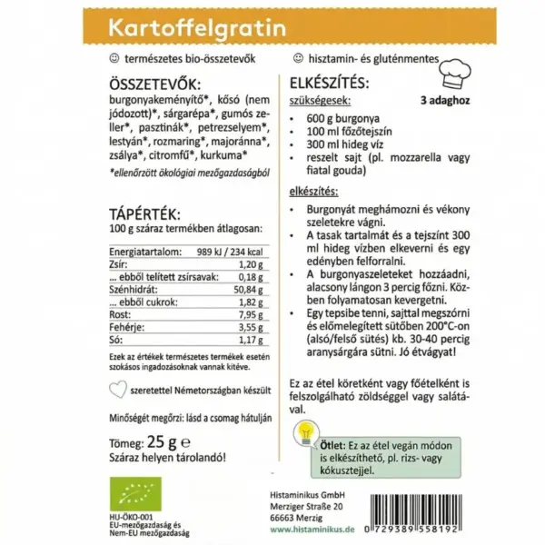 Histaminikus bio burgonyagratin alappor címke Histaminikus bio burgonyagratin alappor címke