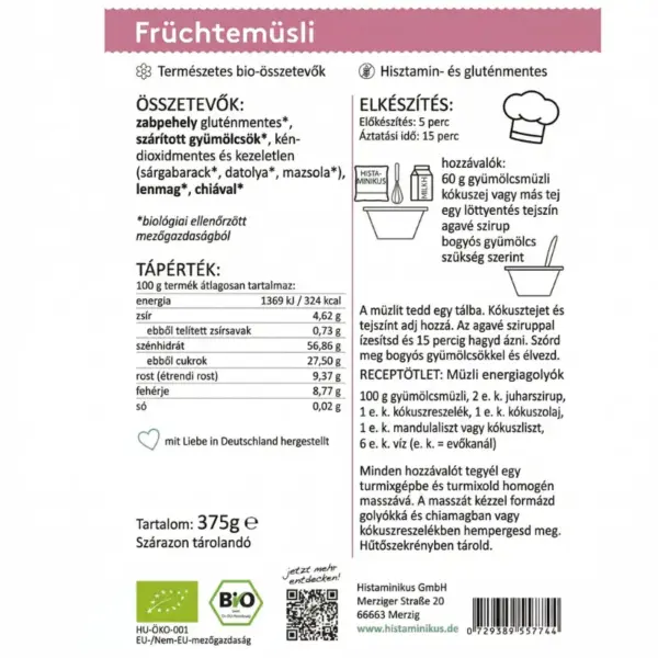 Histaminikus bio gyümölcsös müzli címke Histaminikus bio gyümölcsös müzli címke