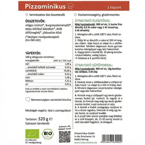 Histaminikus bio pizza lisztkeverék címke Histaminikus bio pizza lisztkeverék címke