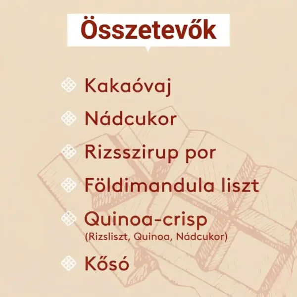 Histaminikus vegán fehércsokoládé ropogós quinoával összetevők Histaminikus vegán fehércsokoládé ropogós quinoával összetevők